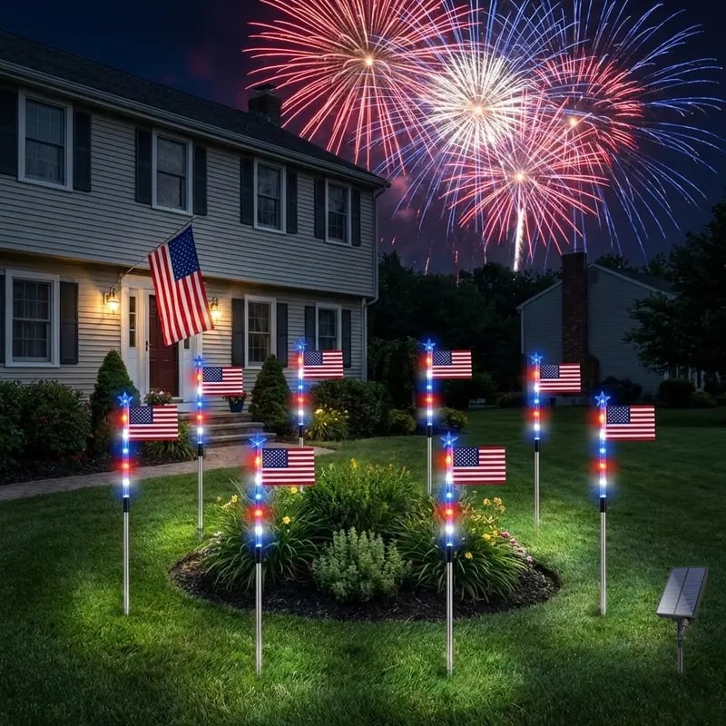 8 Solar American Flag Pathway Lights – Red, White & Blue Yard Glow