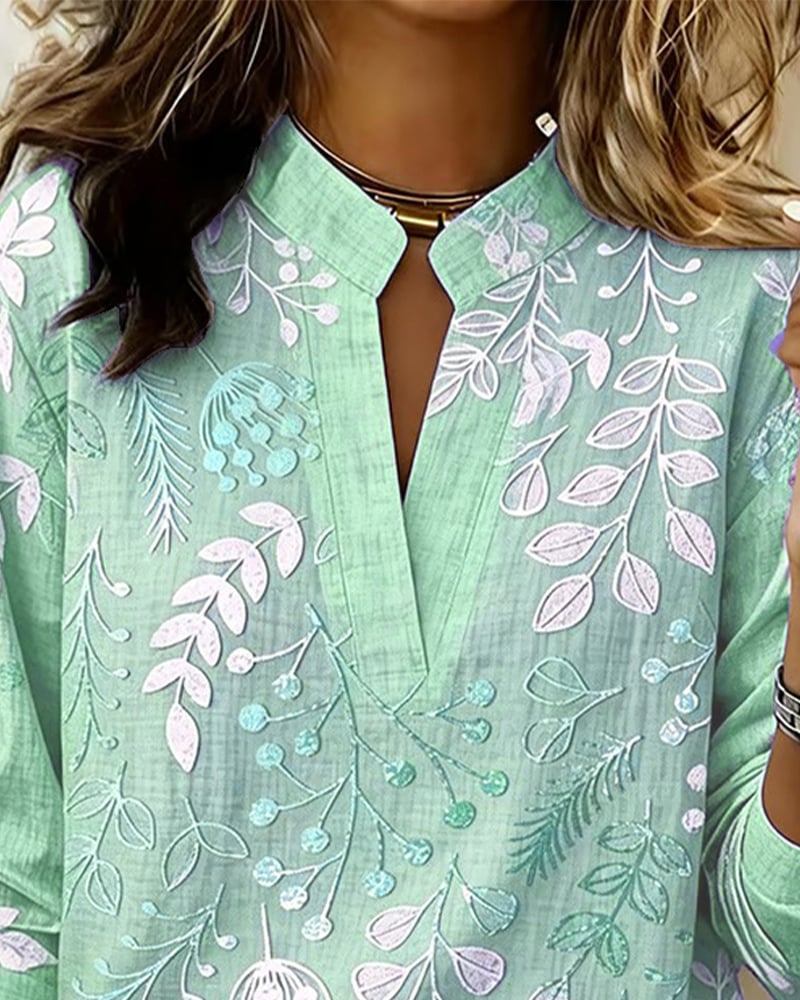 FloraMuse – Elegant Stand-Collar Floral Blouse