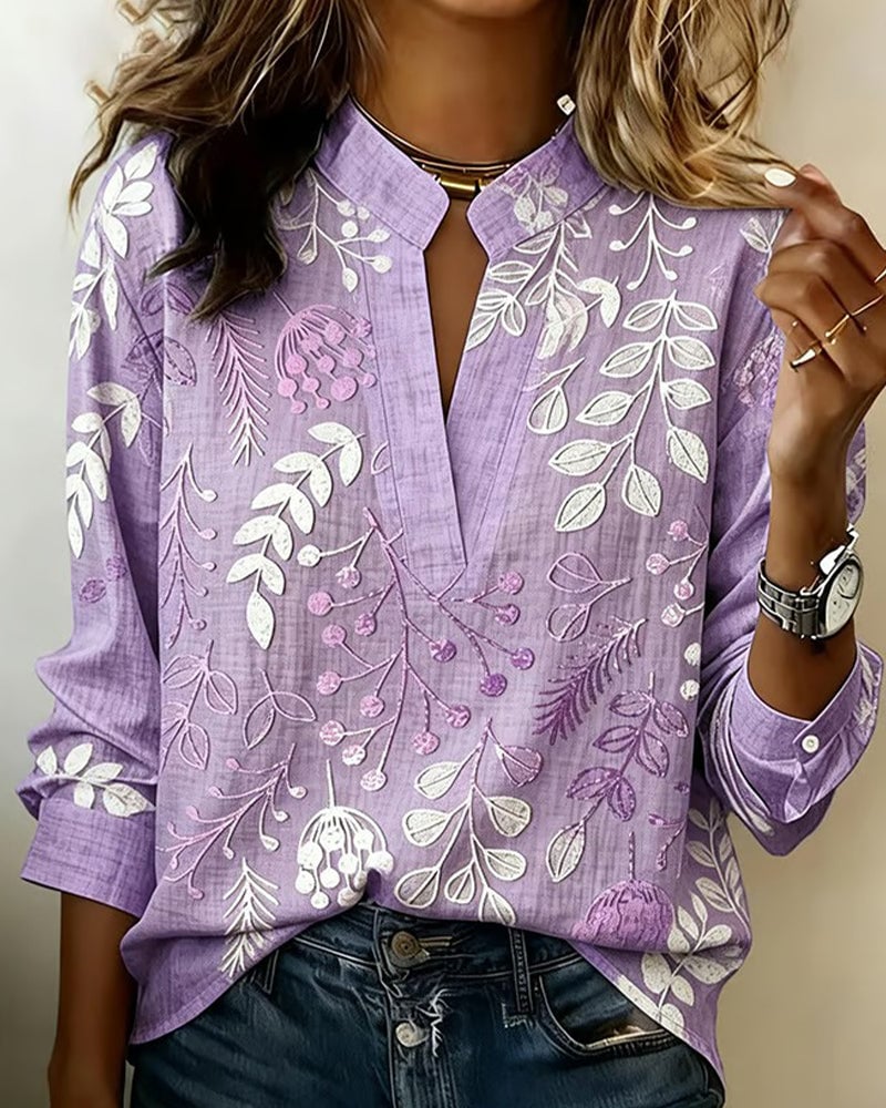 FloraMuse – Elegant Stand-Collar Floral Blouse