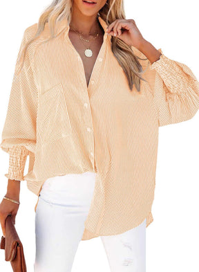 🔥2026 Clearance Item🔥Women's pleated cuffs striped shirt with pockets and casual collar