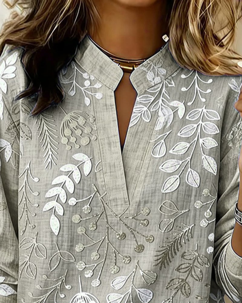 FloraMuse – Elegant Stand-Collar Floral Blouse