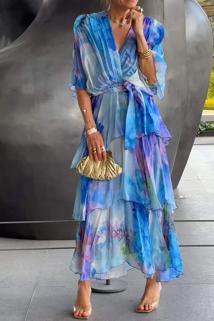 AuraFlow – Watercolor Chiffon Maxi Dress