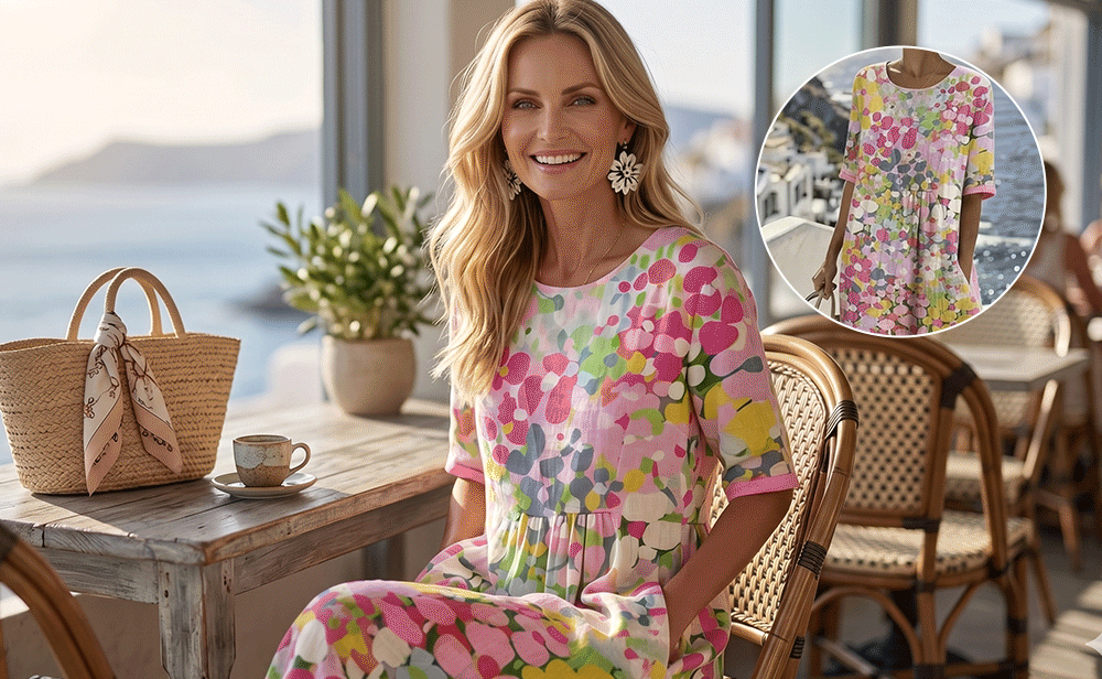 AquaBloom - Watercolor Midi Dress with Hidden Pockets