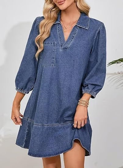 Deniva | Elegant V-Neck Denim Dress