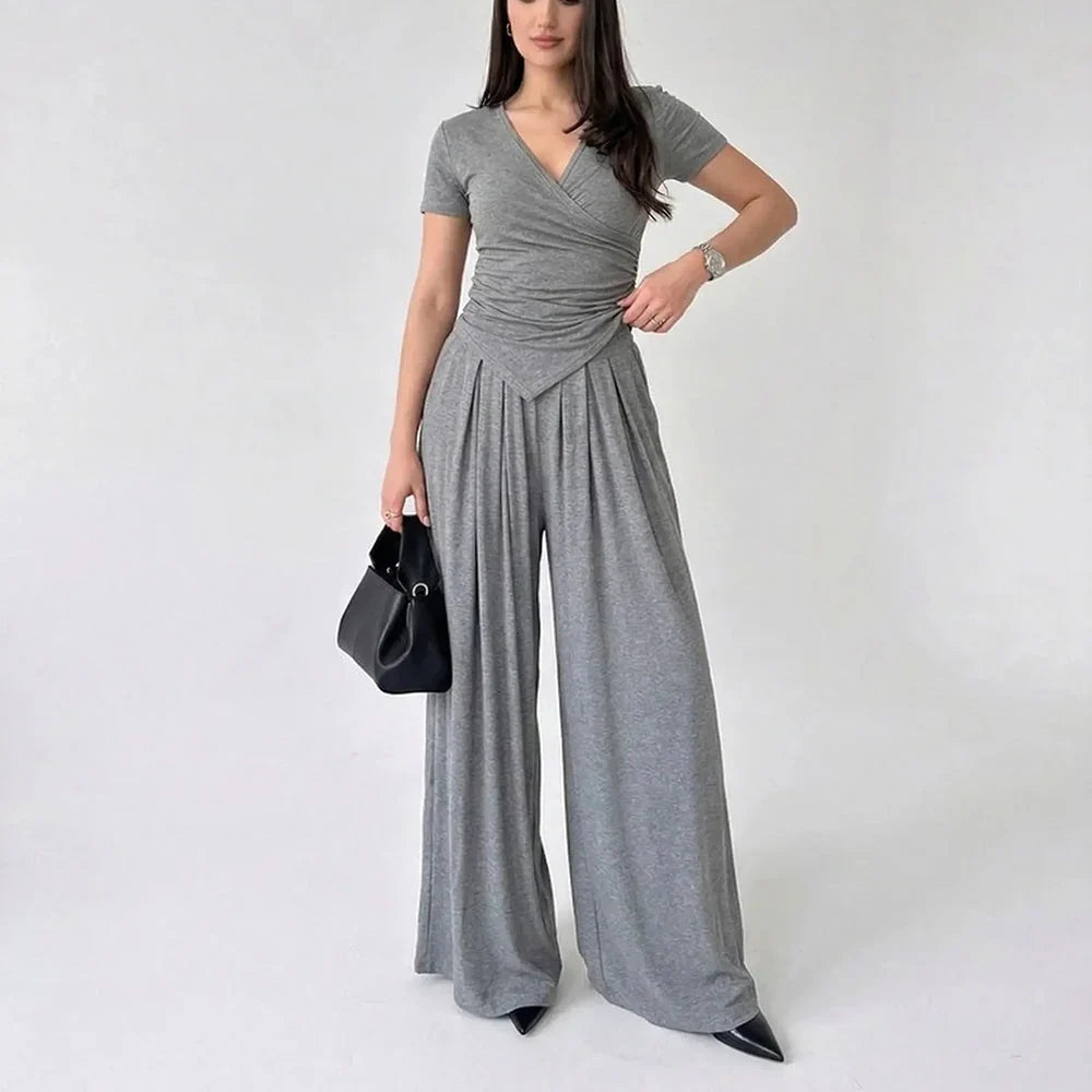 MaisonLuxe – Sophisticated Wrap Top & Wide Leg Pants Set