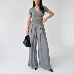MaisonLuxe – Sophisticated Wrap Top & Wide Leg Pants Set