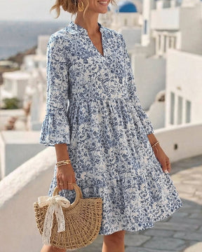 BloomLayer – Floral Tiered V-Neck Dress