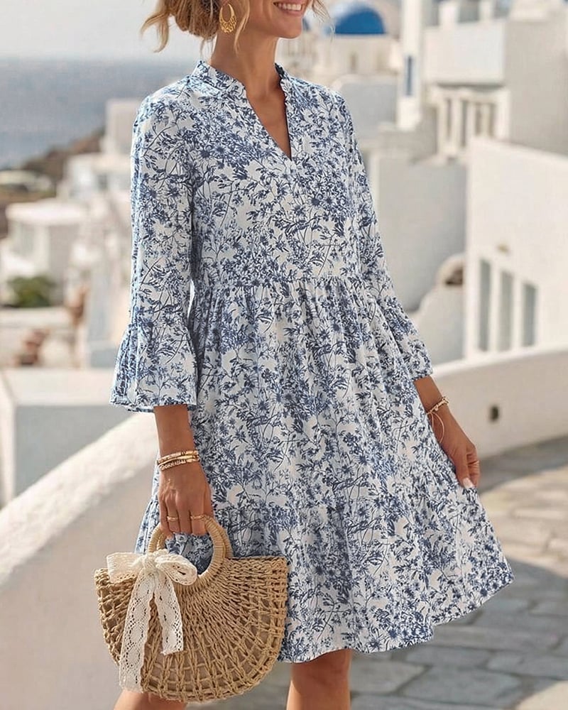 BloomLayer – Floral Tiered V-Neck Dress