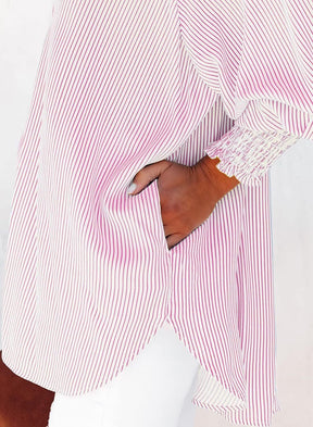 🔥2026 Clearance Item🔥Women's pleated cuffs striped shirt with pockets and casual collar