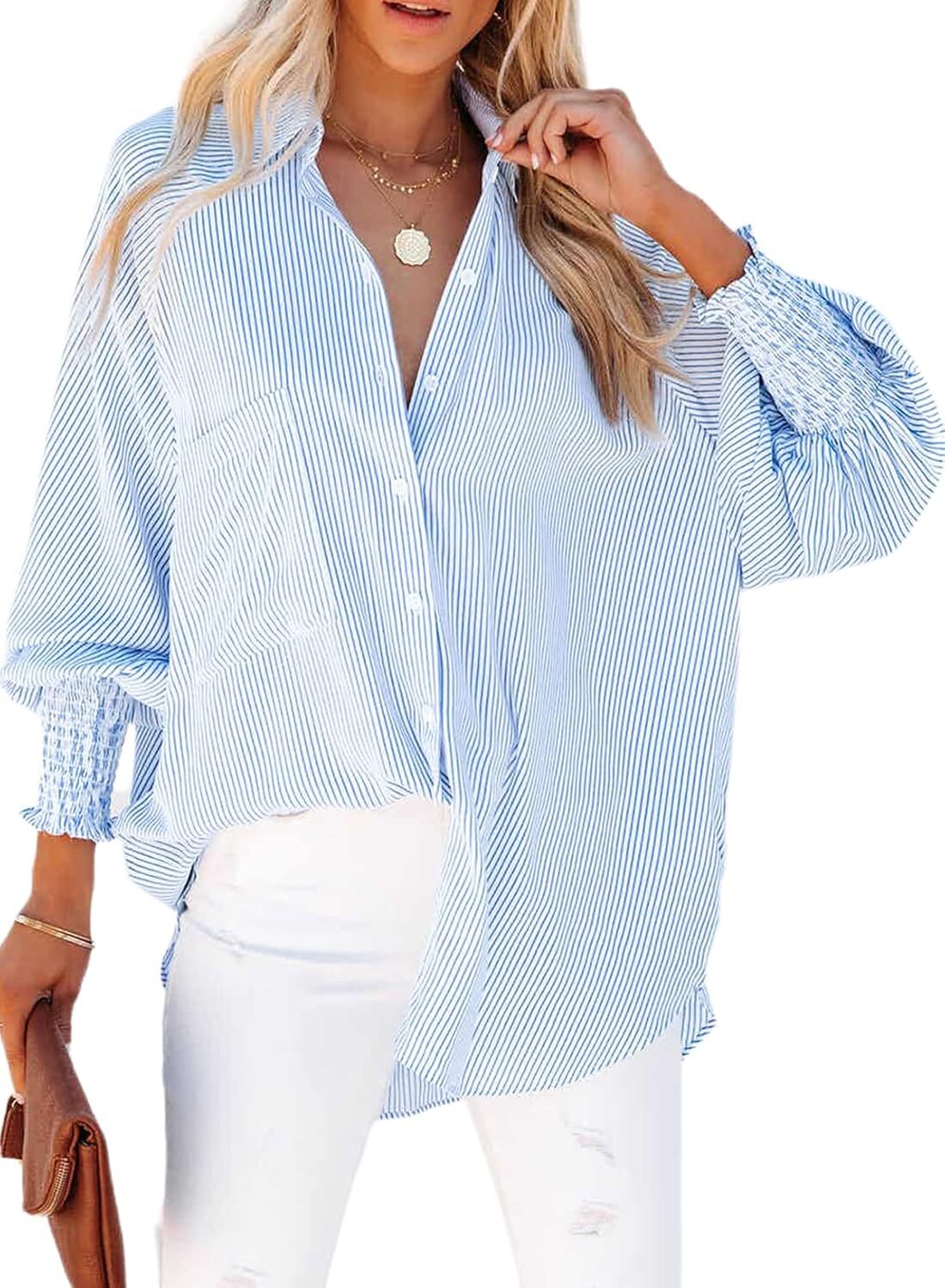 🔥2026 Clearance Item🔥Women's pleated cuffs striped shirt with pockets and casual collar