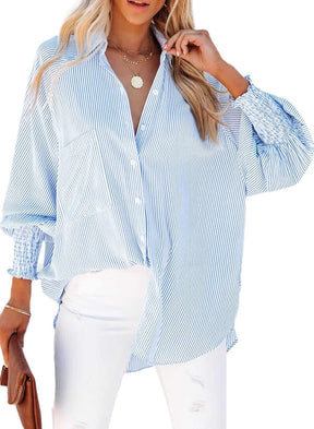 🔥2026 Clearance Item🔥Women's pleated cuffs striped shirt with pockets and casual collar