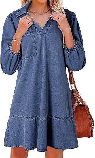 Deniva | Elegant V-Neck Denim Dress