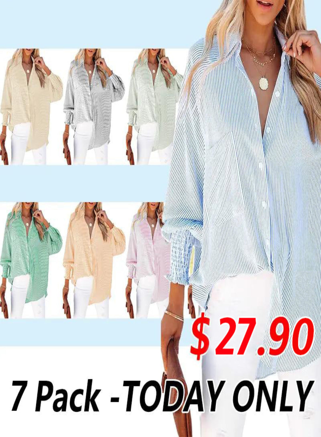 🔥2026 Clearance Item🔥Women's pleated cuffs striped shirt with pockets and casual collar