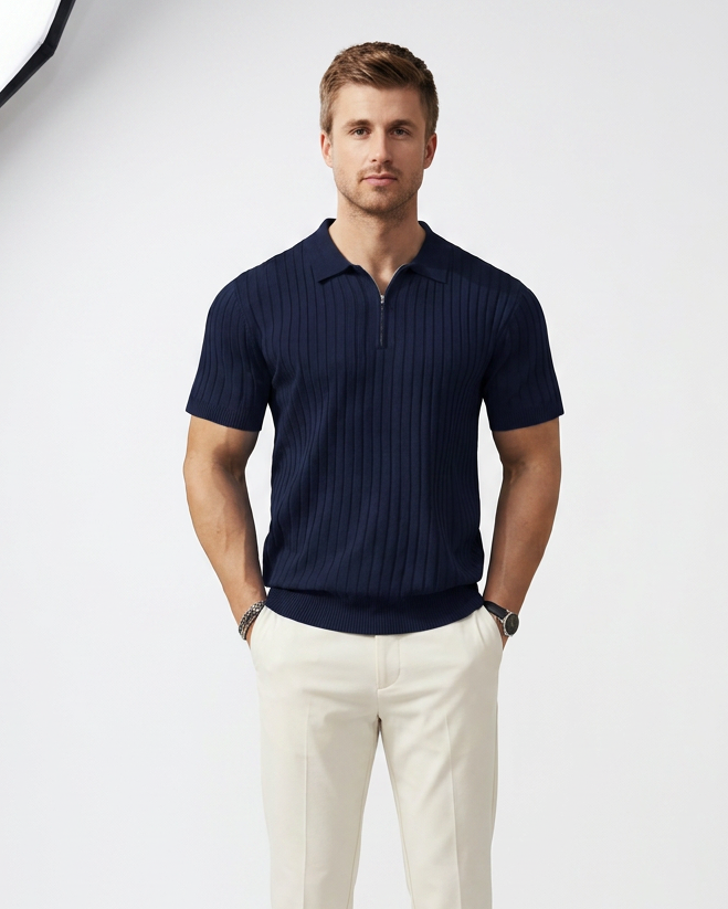 VELLANO™ — Ribbed Knit Zip Polo