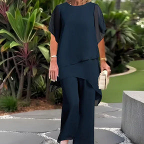 AuraChic – Irregular Hem Top & Elegant Pants Set