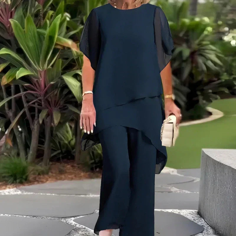 AuraChic – Irregular Hem Top & Elegant Pants Set