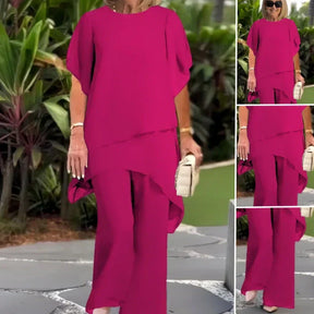 AuraChic – Irregular Hem Top & Elegant Pants Set