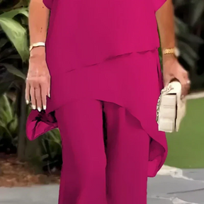 AuraChic – Irregular Hem Top & Elegant Pants Set