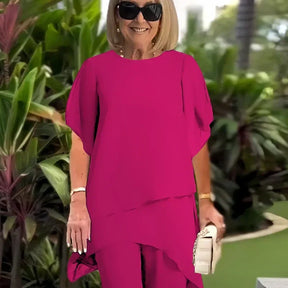 AuraChic – Irregular Hem Top & Elegant Pants Set
