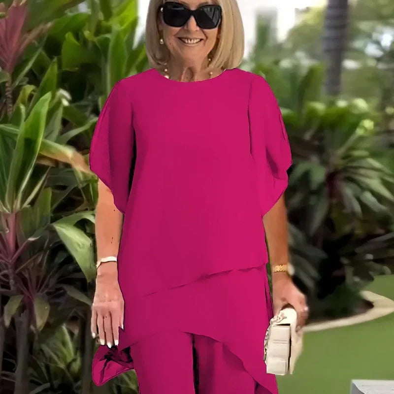 AuraChic – Irregular Hem Top & Elegant Pants Set