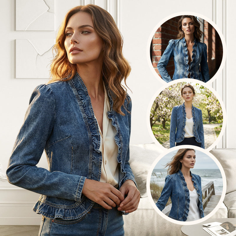 DenimLuxe – Women’s Ruffle Trim Denim Jacket