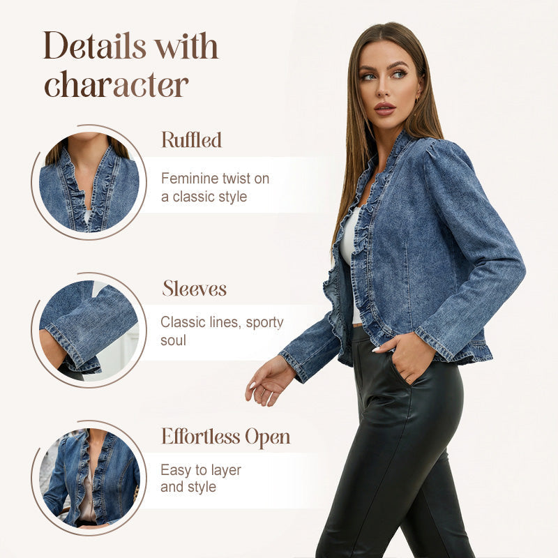 DenimLuxe – Women’s Ruffle Trim Denim Jacket
