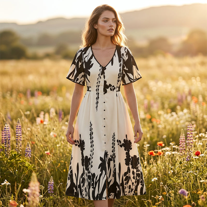 FloraVibe – Elegant Plant-Print V-Neck Midi Dress