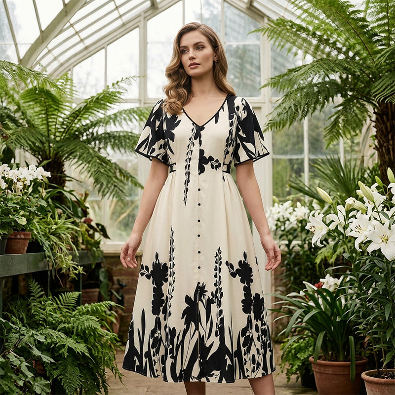 FloraVibe – Elegant Plant-Print V-Neck Midi Dress