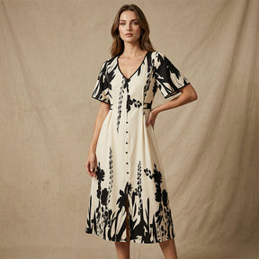 FloraVibe – Elegant Plant-Print V-Neck Midi Dress