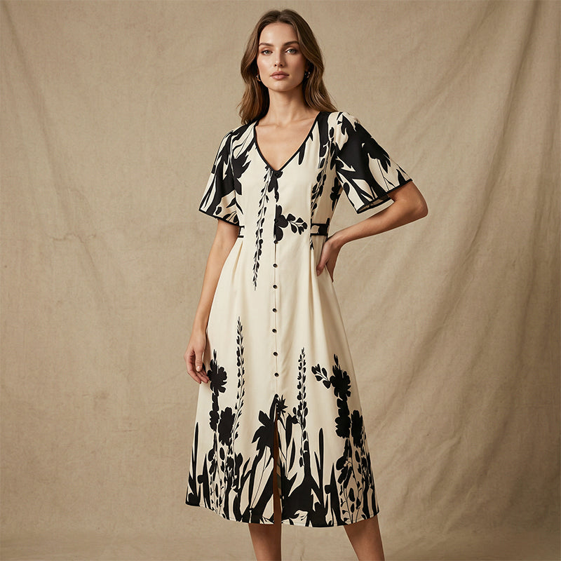 FloraVibe – Elegant Plant-Print V-Neck Midi Dress