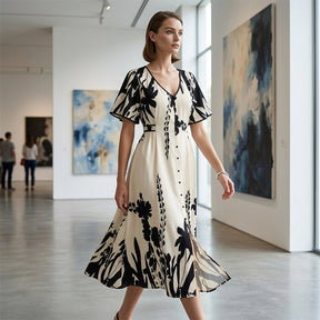 FloraVibe – Elegant Plant-Print V-Neck Midi Dress
