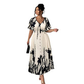 FloraVibe – Elegant Plant-Print V-Neck Midi Dress