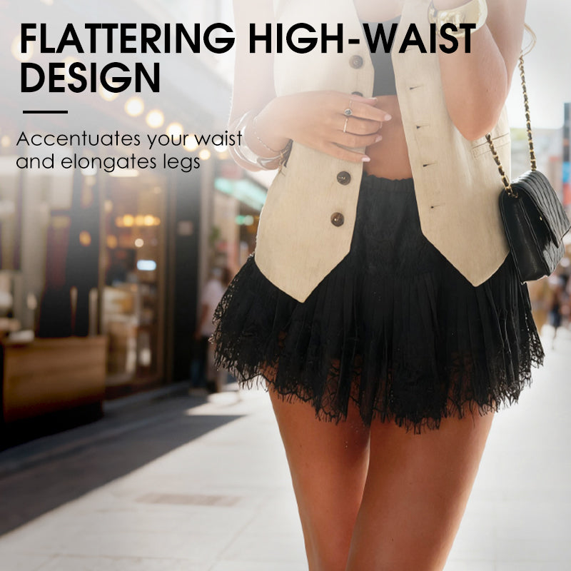 LunaLace - Chic Pleated Lace Trim Mini Skirt