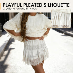 LunaLace - Chic Pleated Lace Trim Mini Skirt