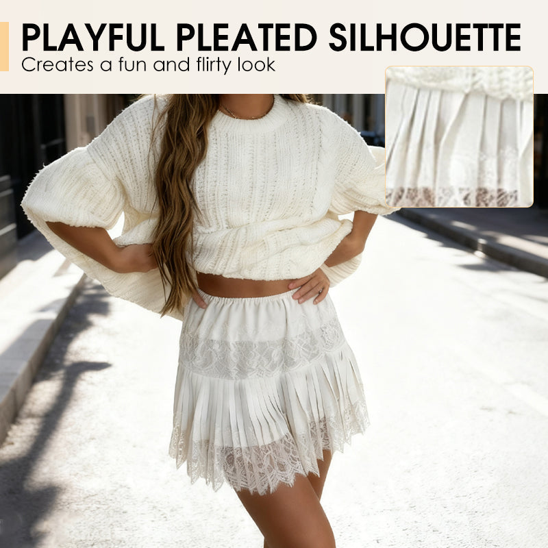 LunaLace - Chic Pleated Lace Trim Mini Skirt