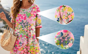 AquaBloom - Watercolor Midi Dress with Hidden Pockets