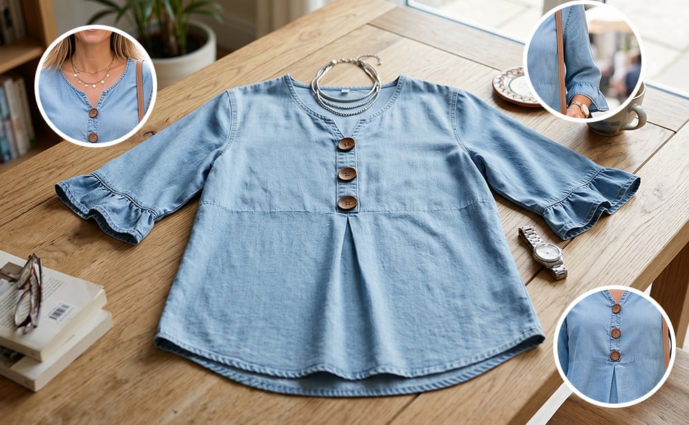 SoftDrape - Feminine V-Neck Flared Sleeve Denim Blouse