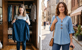 SoftDrape - Feminine V-Neck Flared Sleeve Denim Blouse