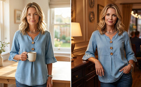 SoftDrape - Feminine V-Neck Flared Sleeve Denim Blouse