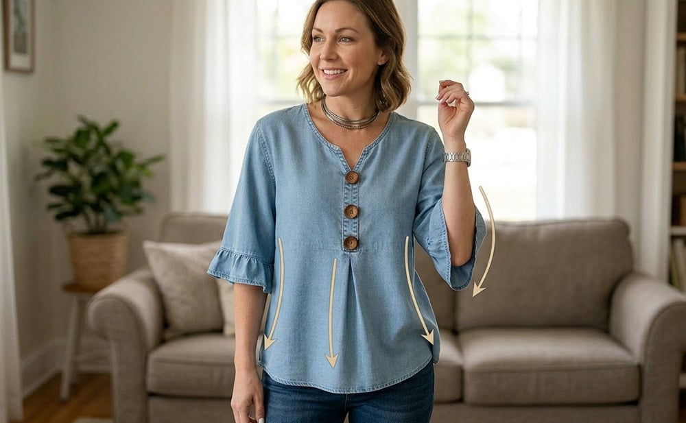 SoftDrape - Feminine V-Neck Flared Sleeve Denim Blouse