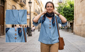 SoftDrape - Feminine V-Neck Flared Sleeve Denim Blouse