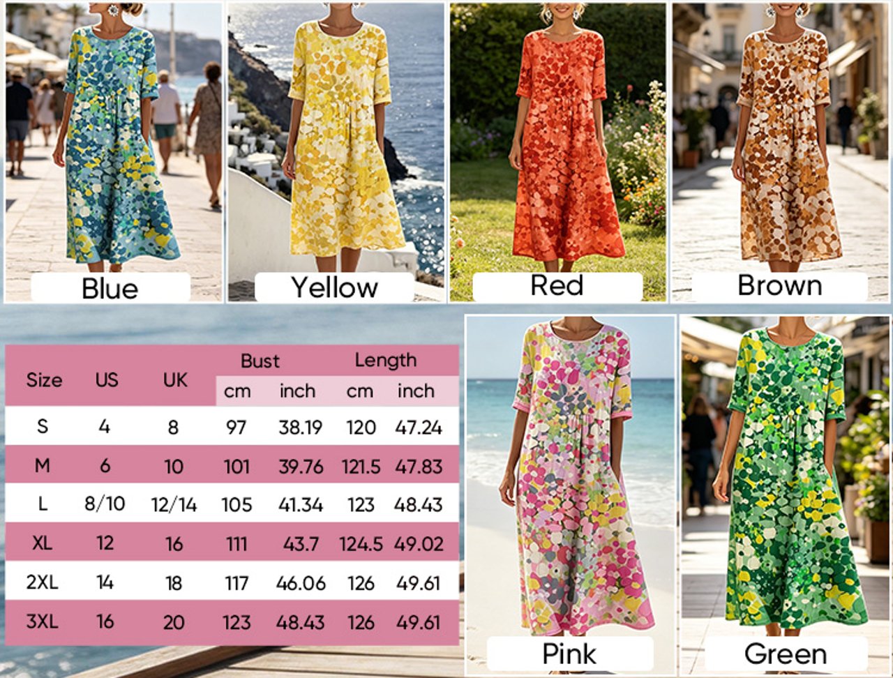 AquaBloom - Watercolor Midi Dress with Hidden Pockets