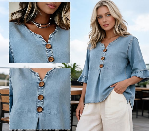 SoftDrape - Feminine V-Neck Flared Sleeve Denim Blouse