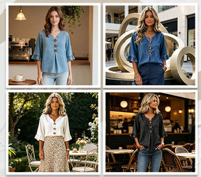SoftDrape - Feminine V-Neck Flared Sleeve Denim Blouse