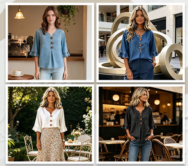SoftDrape - Feminine V-Neck Flared Sleeve Denim Blouse