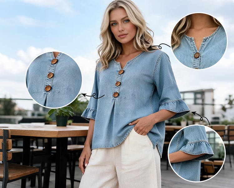 SoftDrape - Feminine V-Neck Flared Sleeve Denim Blouse