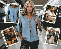 SoftDrape - Feminine V-Neck Flared Sleeve Denim Blouse