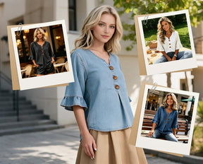 SoftDrape - Feminine V-Neck Flared Sleeve Denim Blouse